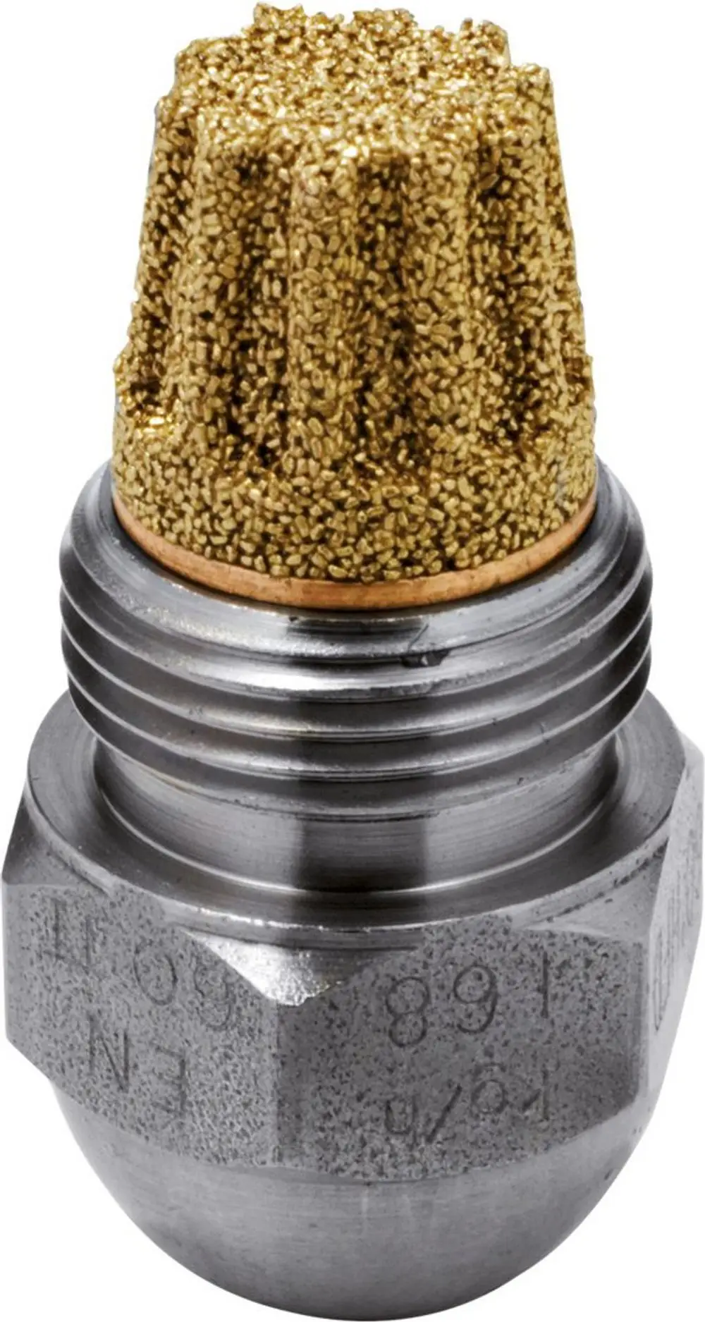 Bosch-Öldüse aus Metall mit goldener Sieboberfläche, genutetem Gewinde und konischem Kopf für die Einspritzung in Heizsysteme.